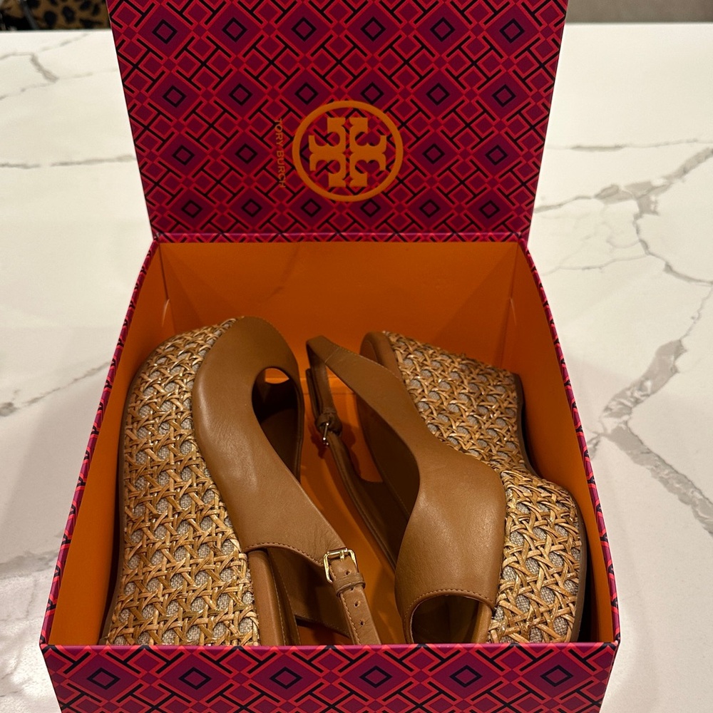 Tory Burch Brown and Tan Wedge Sandals